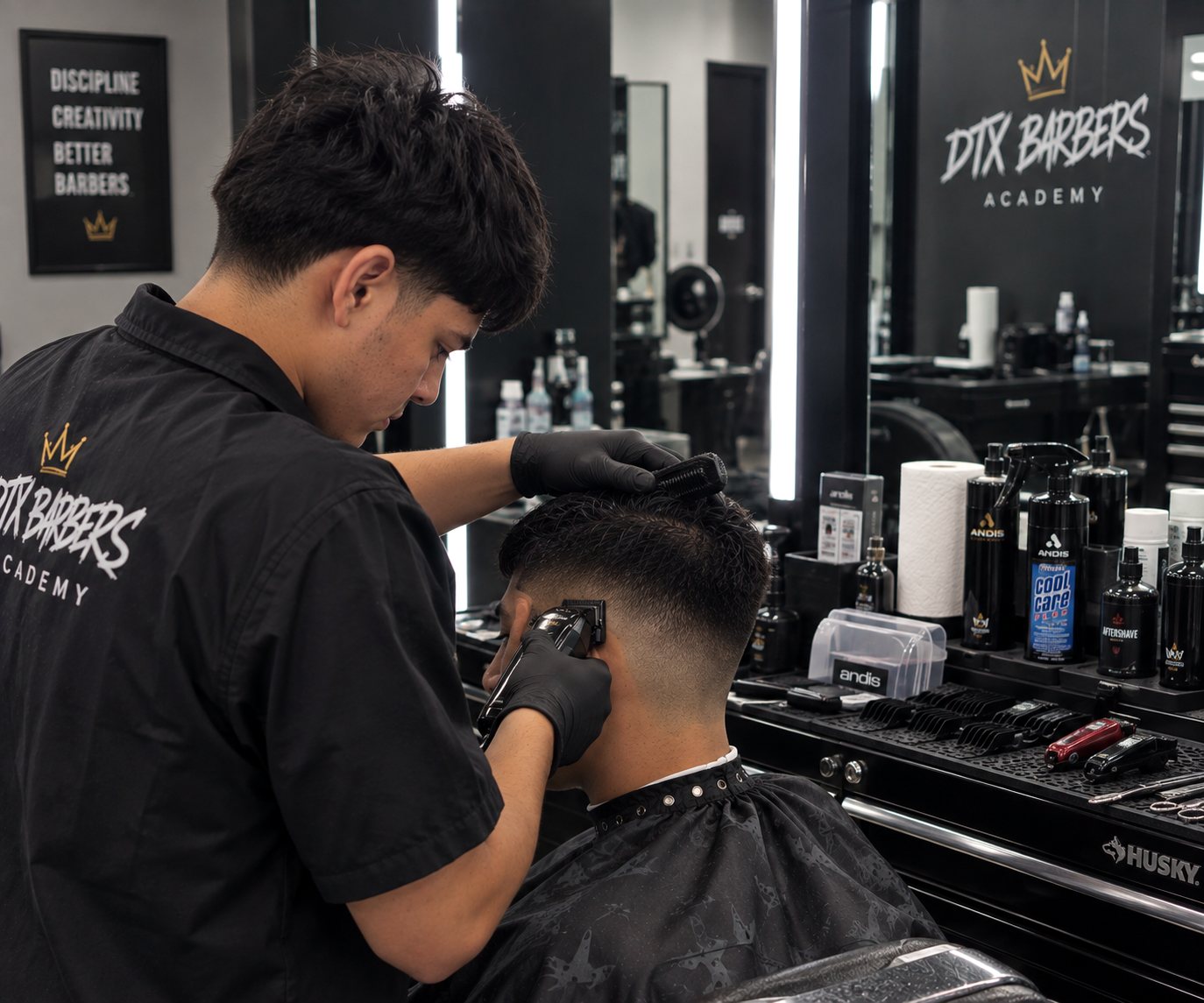 A student in a DTX Barbers Academy shirt detailing a fade at the mirror