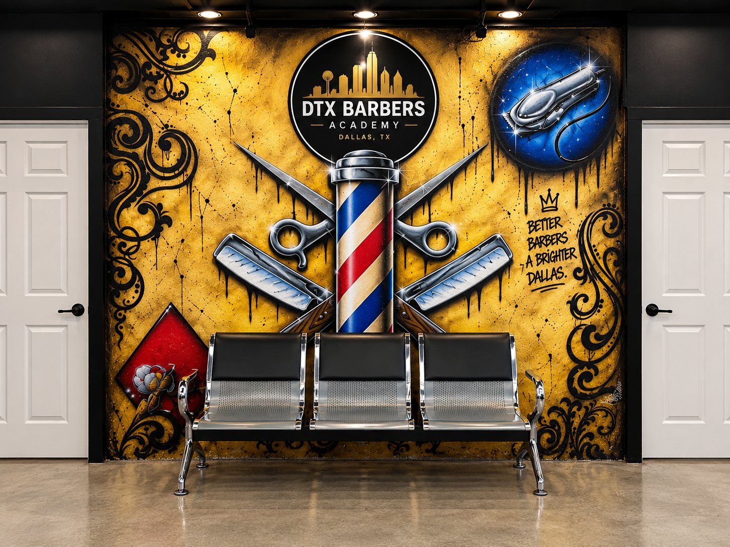 The mural on the wall at DTX: a barber pole, shears and razors in gold, lettered Better Barbers, A Brighter Dallas