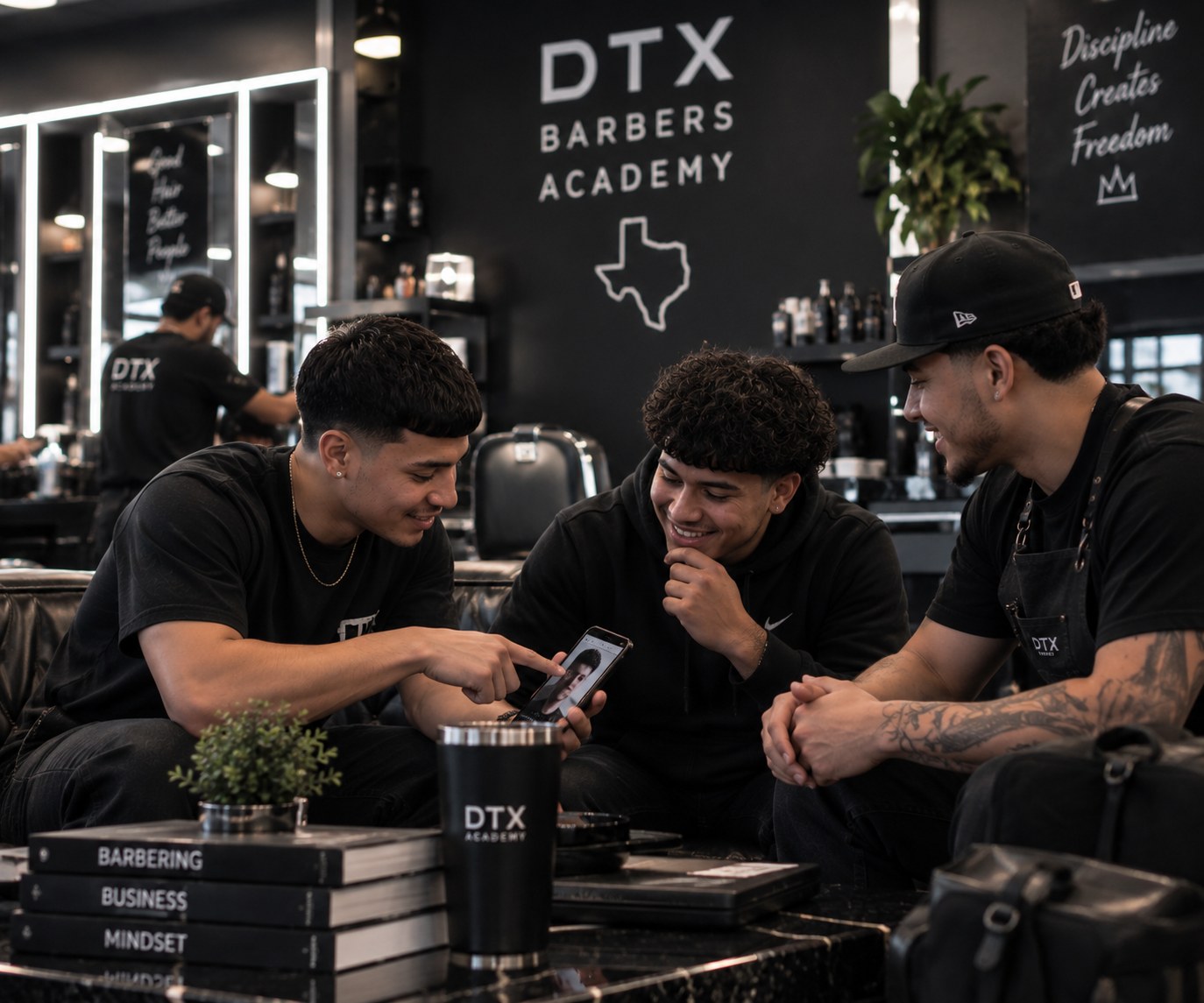 Students reviewing a haircut reference in the academy lounge