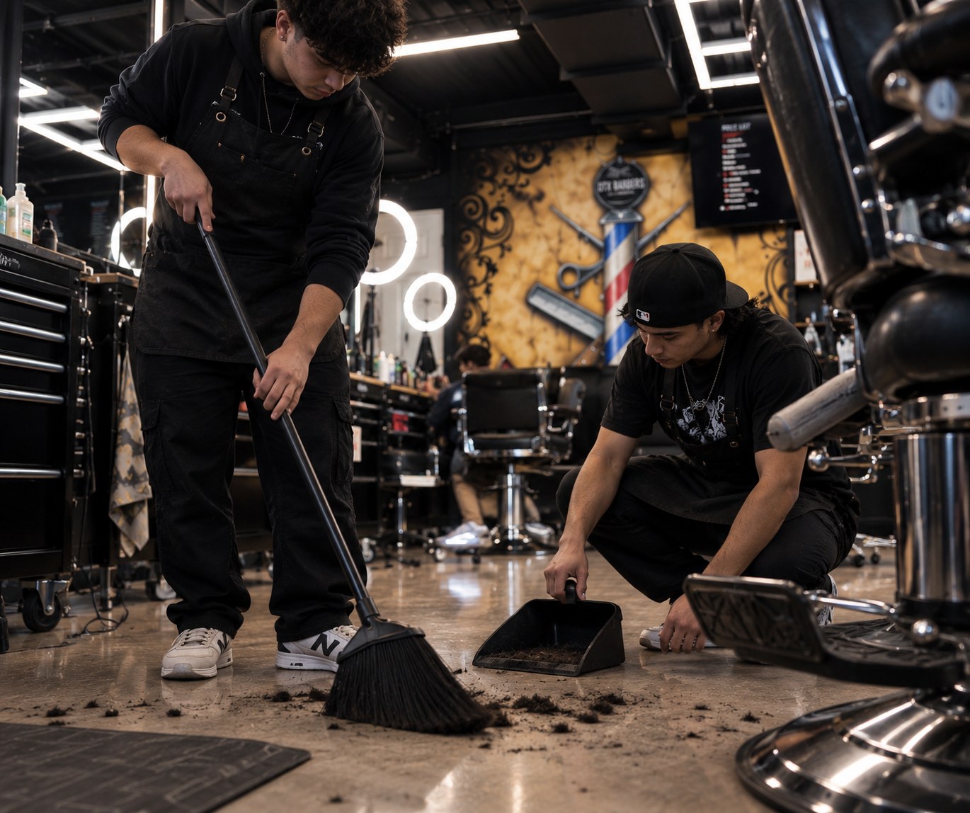 Students cleaning the shop floor after service