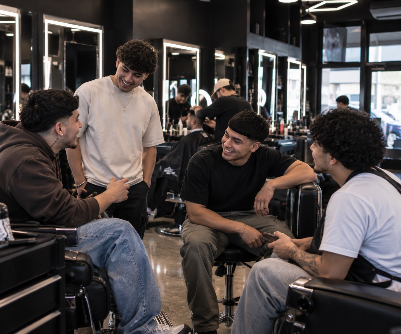 Students talking together between barber chairs