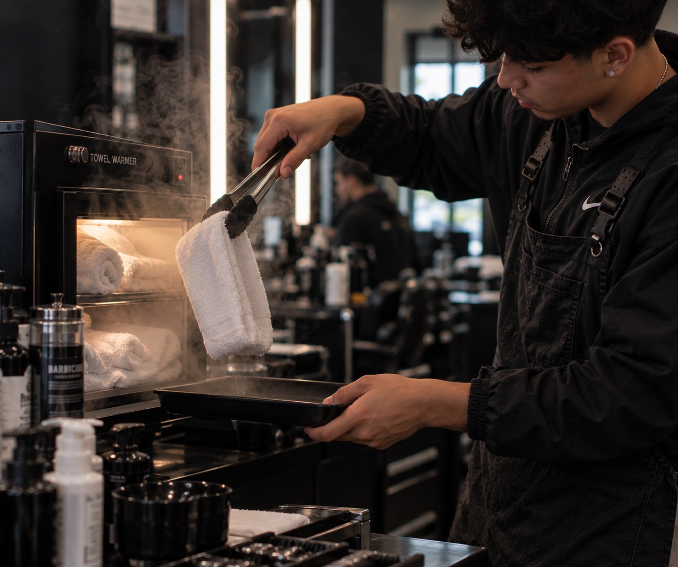 A student pulling a steamed towel from the warmer