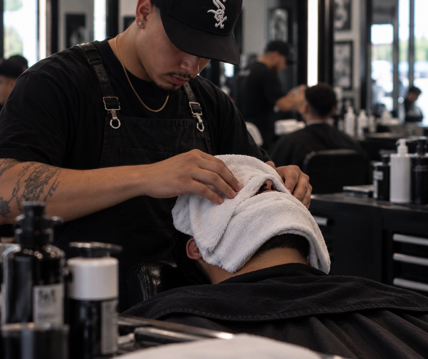 A hot towel service being set at the chair