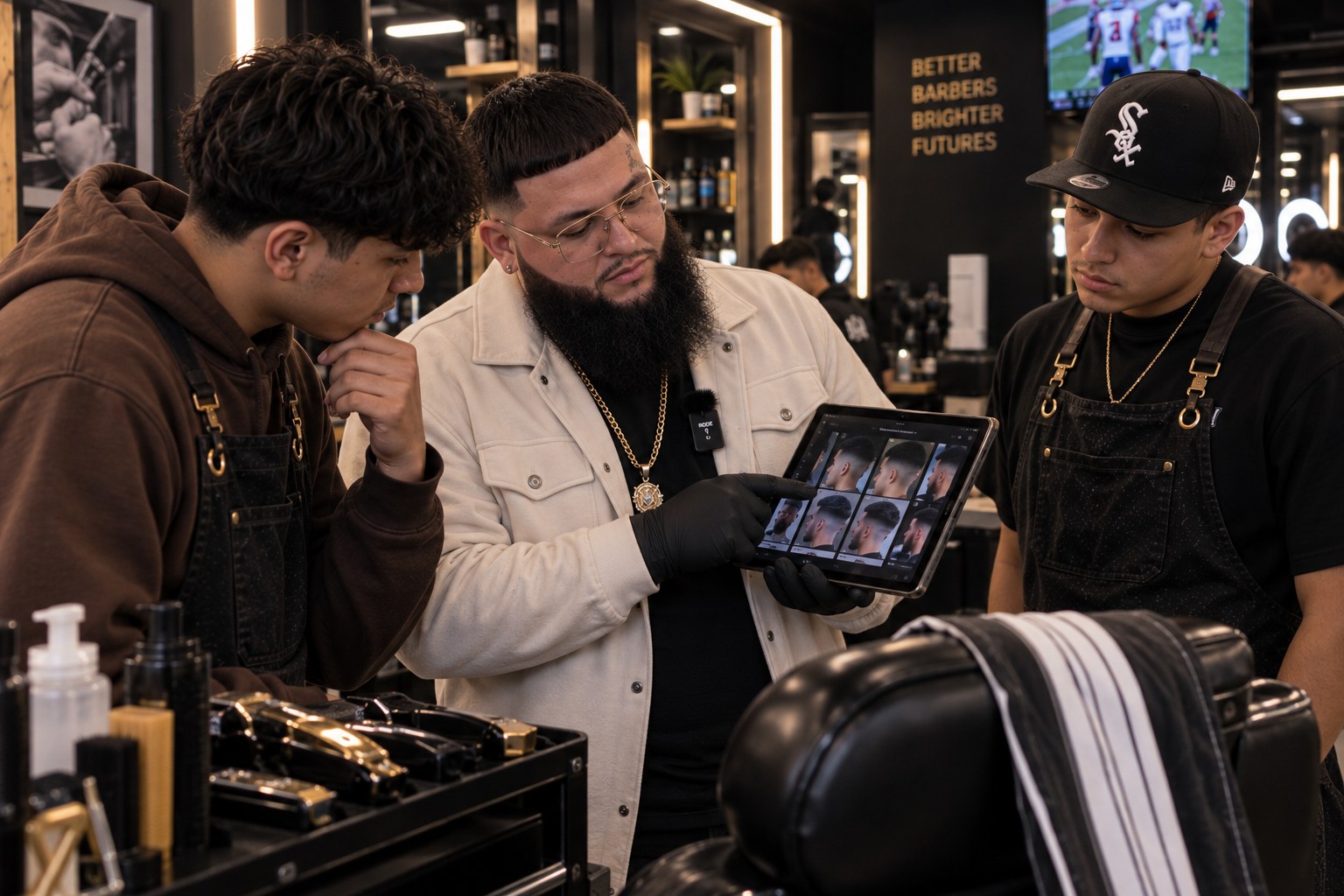 Instructor reviewing haircut reference photos with students on a tablet