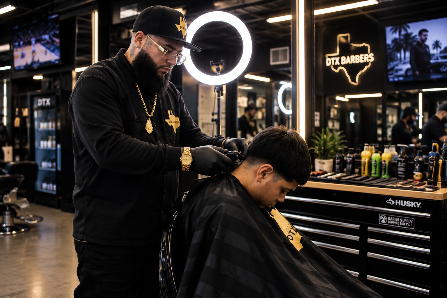 Mike Robles cutting hair on the DTX shop floor
