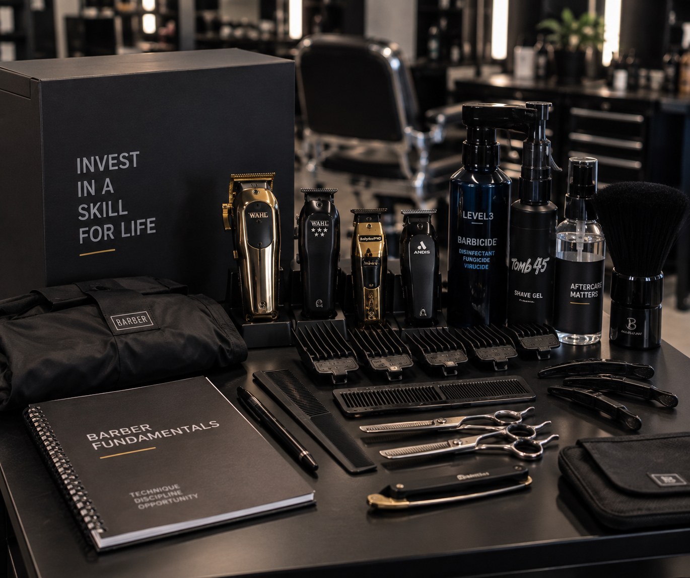 A professional barber kit arranged with clippers, shears and combs