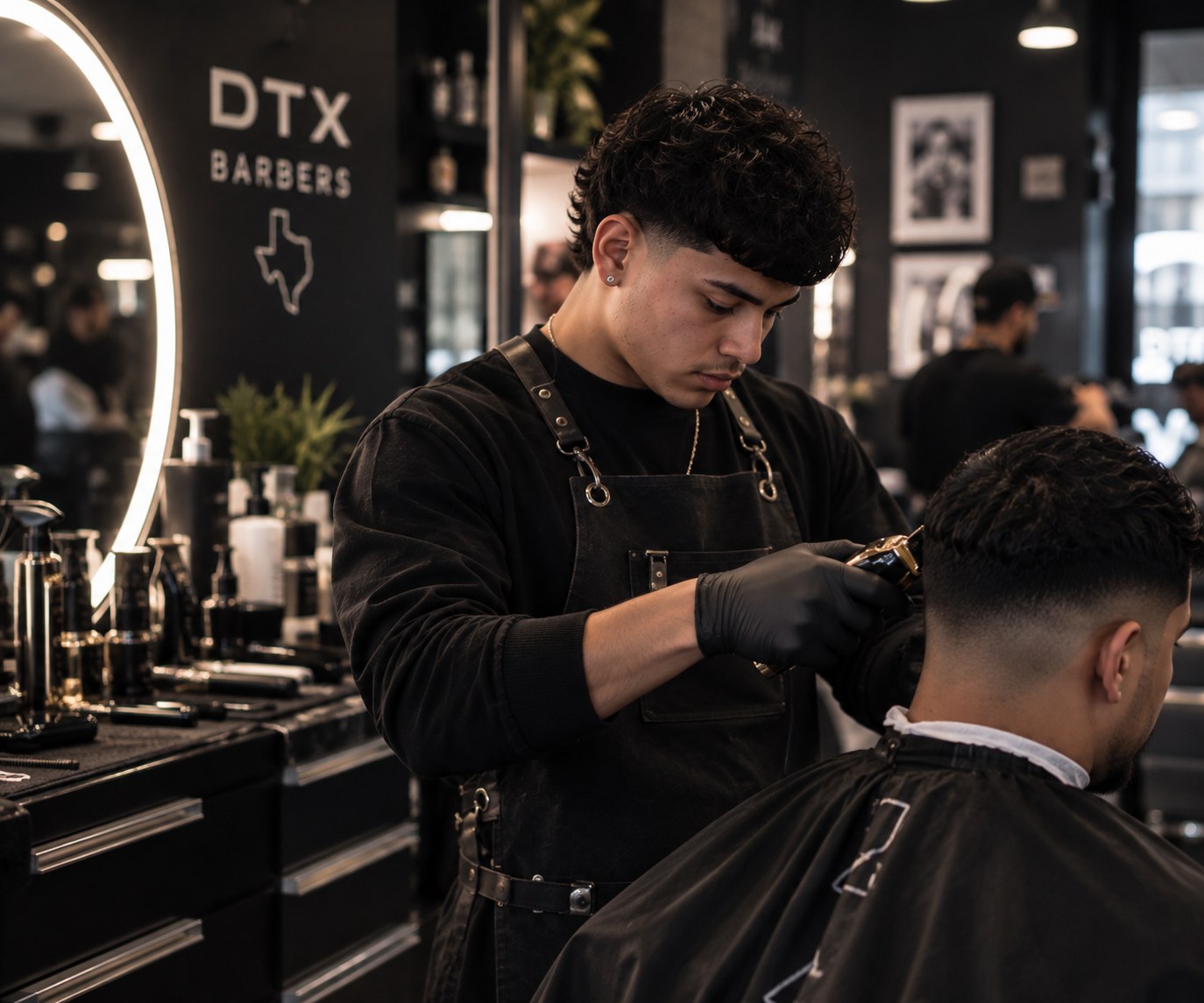 A student barber working on a fade under mirror lights